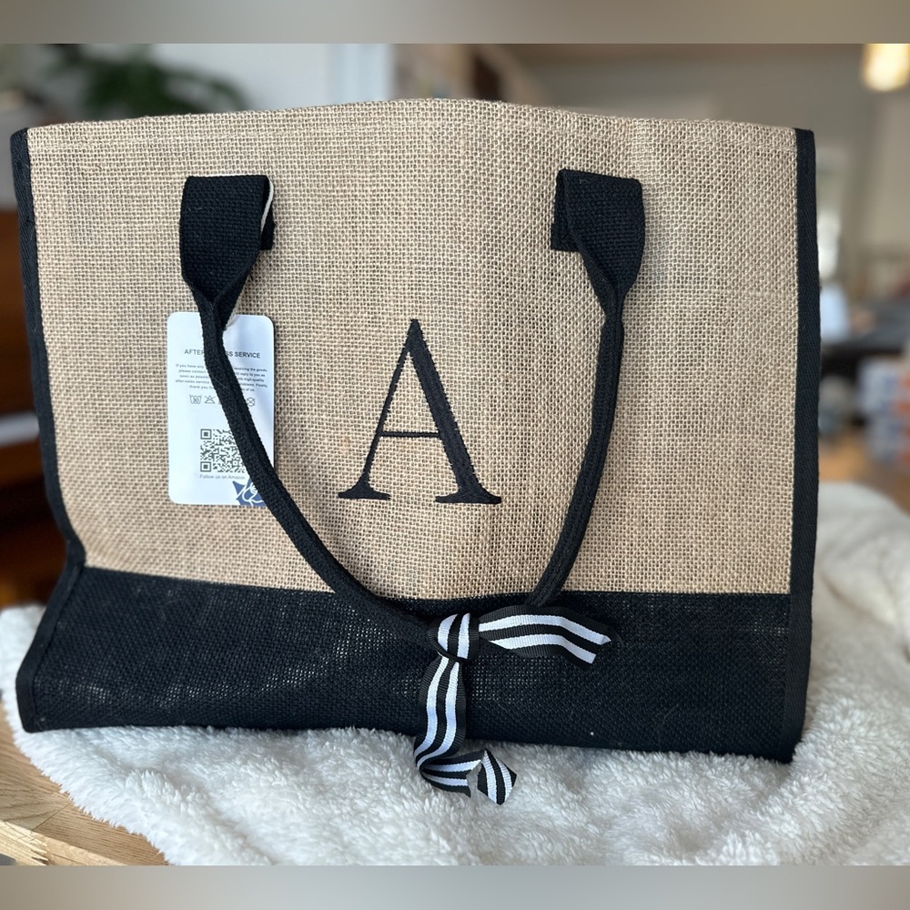 A Monogram Black and Tan Hemp Tote Bag with Matching Pouch NWT